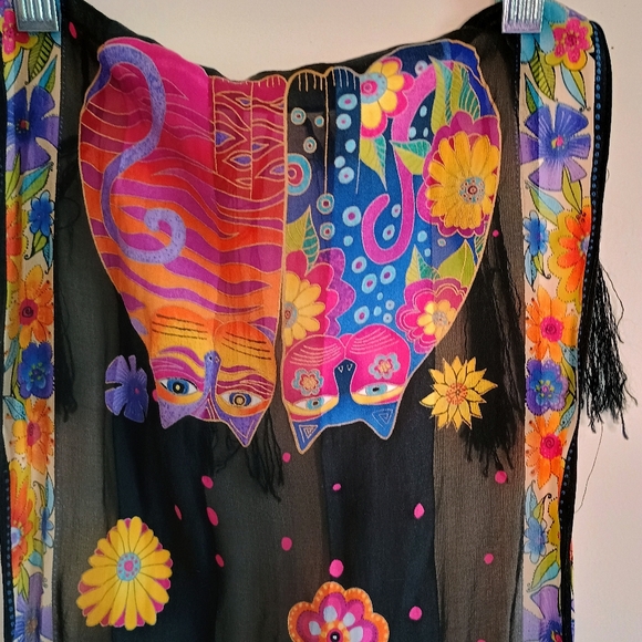 Laurel Burch Fringed Silk Scarf, Black/Bright Multi with Humorous Cat Designs - Picture 7 of 10